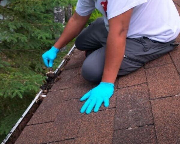 Roofline maintenance in progress. Careful removal of debris from the gutter